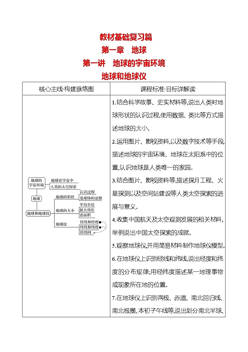 第一章 第一讲　地球的宇宙环境　地球和地球仪 - 学生版2025年中考地理一轮考点探究人教版练习第1页