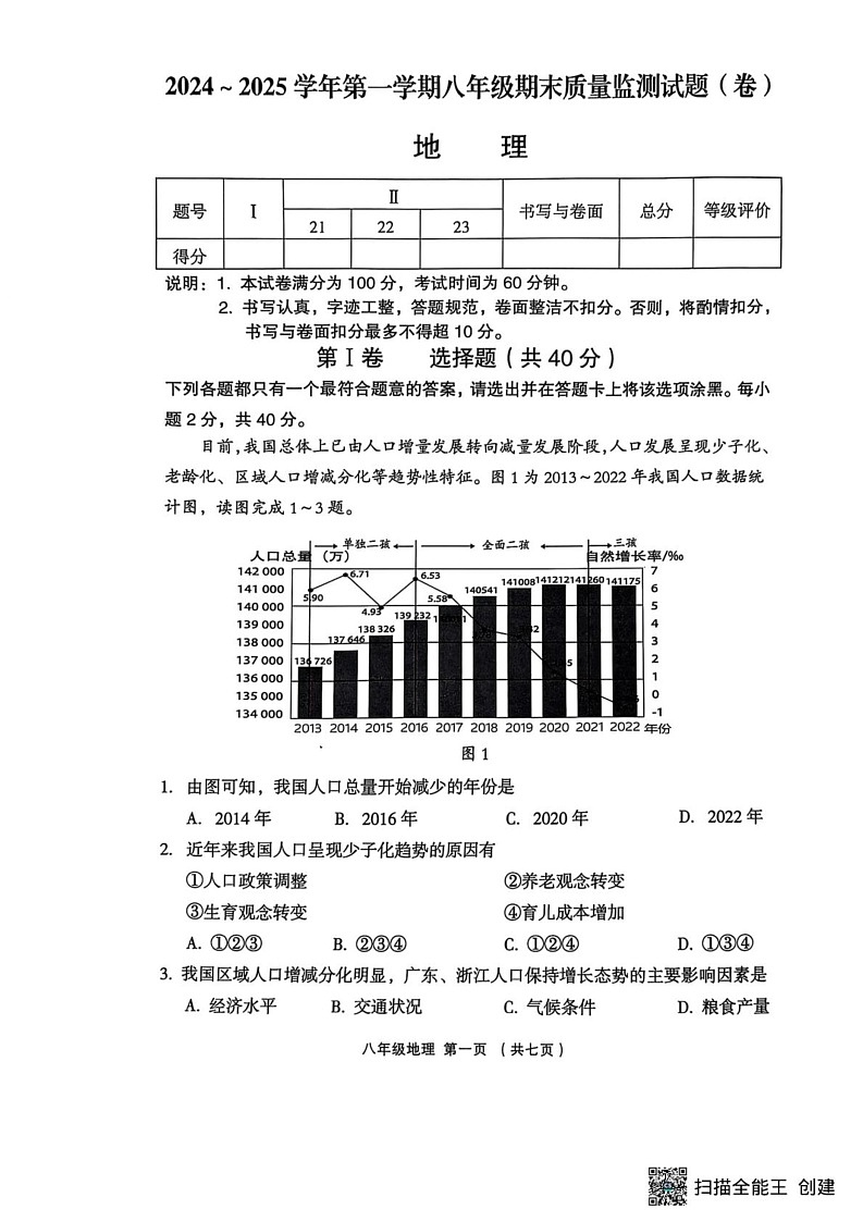 山西省吕梁市孝义市2024-2025学年八年级上学期期末地理试题第1页