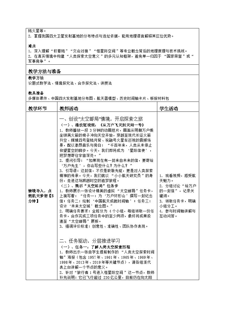 《第二章 认识地球：探究与实践 探索天空 筑梦航天》教学设计（表格版）-2025-2026学年湘教版（2024）地理七年级上册第2页