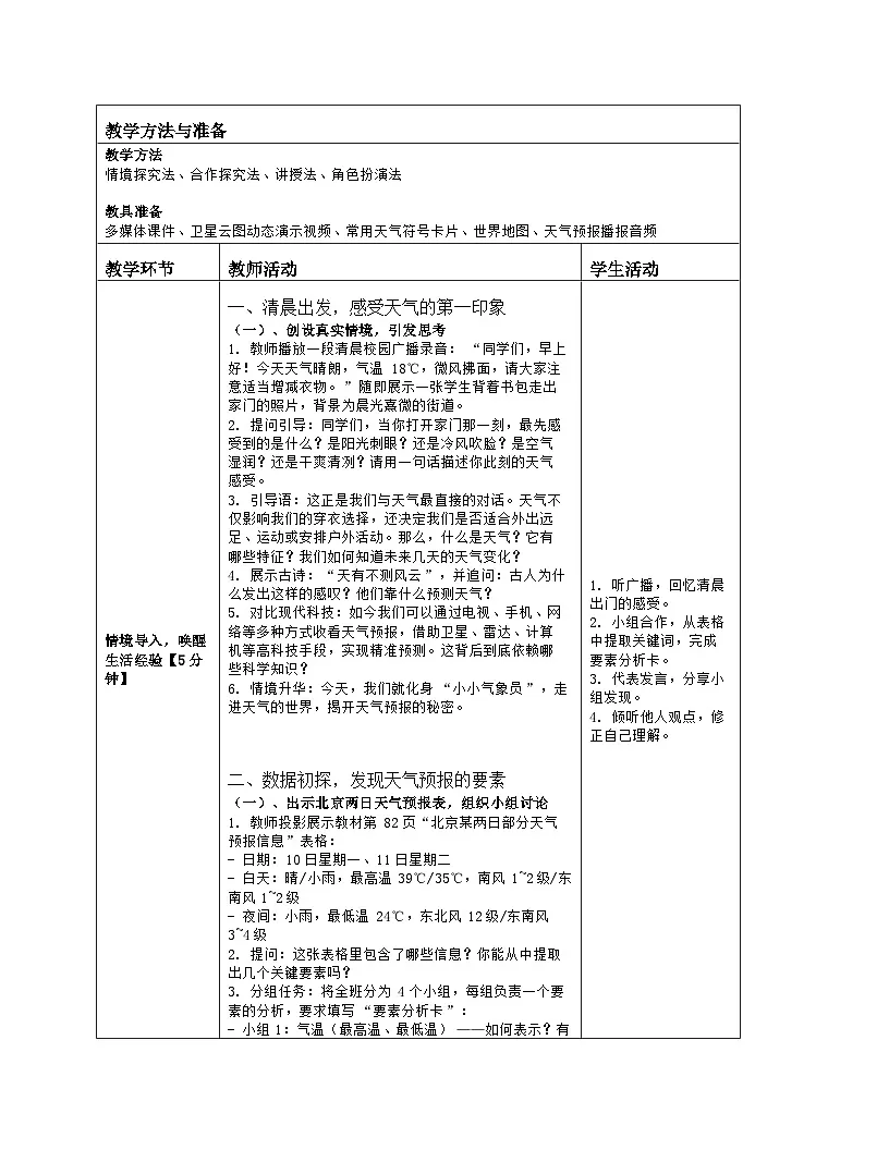 《第五章 世界的气候：1 天气与天气预报》教学设计（表格版）-2025-2026学年湘教版（2024）地理七年级上册第2页