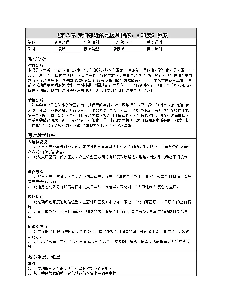 《第八章 我们邻近的地区和国家：3 印度》教学设计（表格版）-2025-2026学年人教版（2024）地理七年级下册第1页