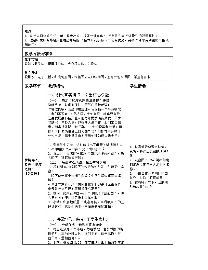 《第八章 我们邻近的地区和国家：3 印度》教学设计（表格版）-2025-2026学年人教版（2024）地理七年级下册第2页