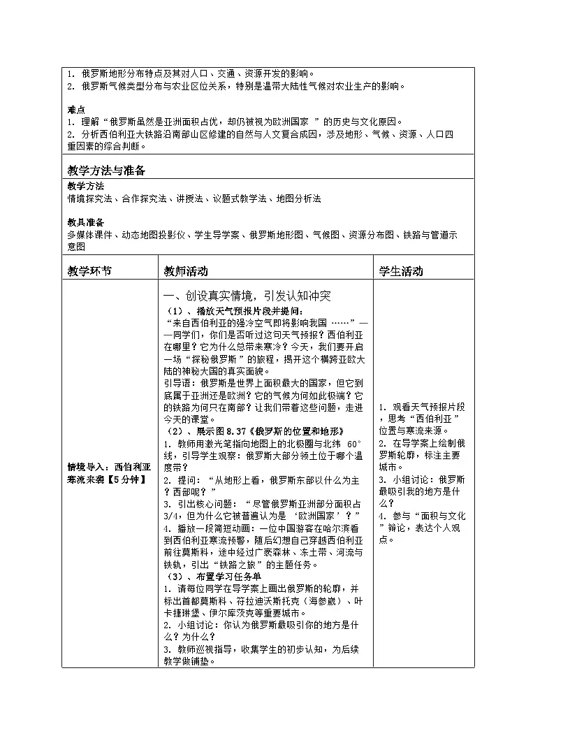 《第八章 我们邻近的地区和国家：4 俄罗斯》教学设计（表格版）-2025-2026学年人教版（2024）地理七年级下册第2页