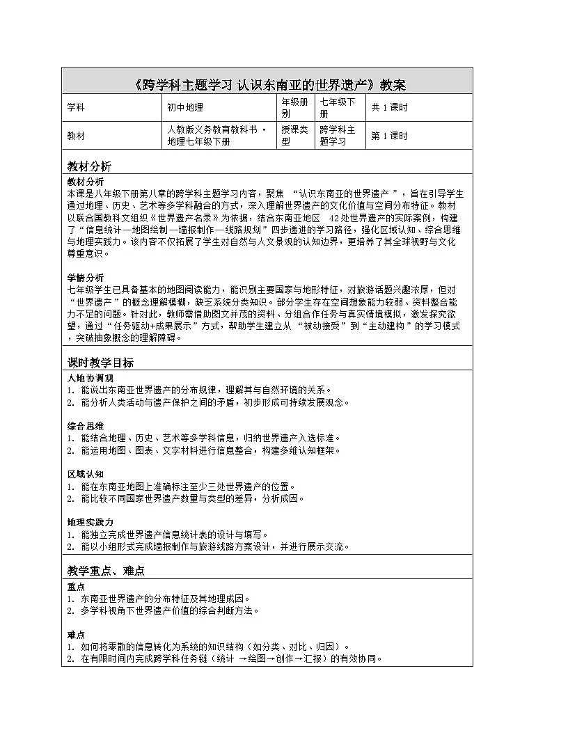 《第八章 我们邻近的地区和国家：5 跨学科主题学习 认识东南亚的世界遗产》教学设计（表格版）-2025-2026学年人教版（2024）地理七年级下册第1页