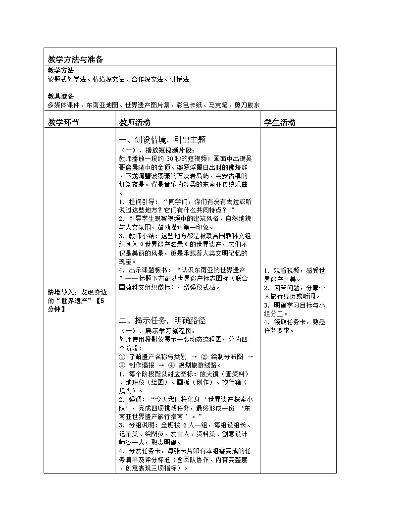《第八章 我们邻近的地区和国家：5 跨学科主题学习 认识东南亚的世界遗产》教学设计（表格版）-2025-2026学年人教版（2024）地理七年级下册第2页