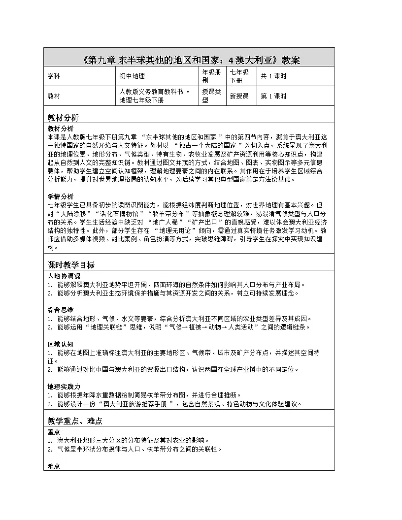 《第九章 东半球其他的地区和国家：4 澳大利亚》教学设计（表格版）-2025-2026学年人教版（2024）地理七年级下册第1页