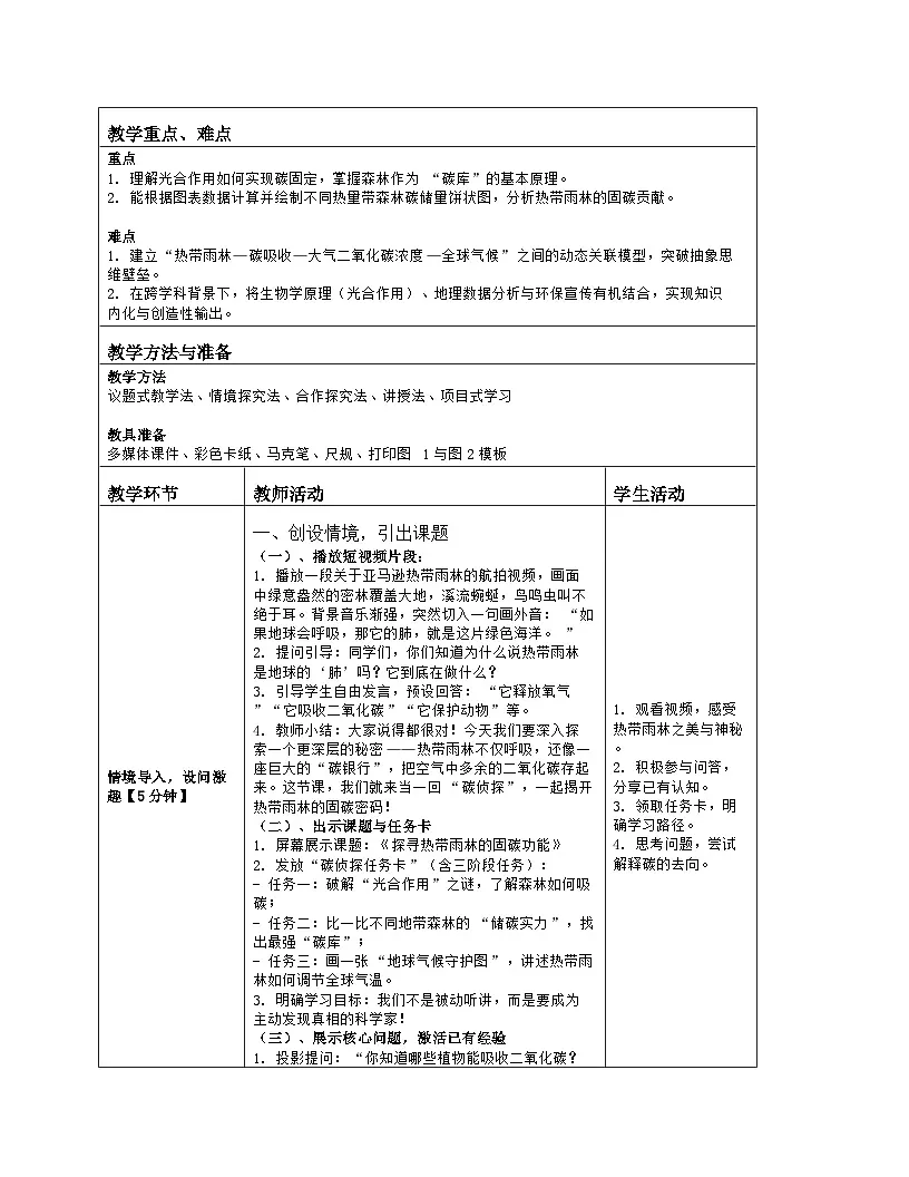 《第十章 西半球的国家：3 跨学科主题学习 探寻热带雨林的固碳功能》教学设计（表格版）-2025-2026学年人教版（2024）地理七年级下册第2页