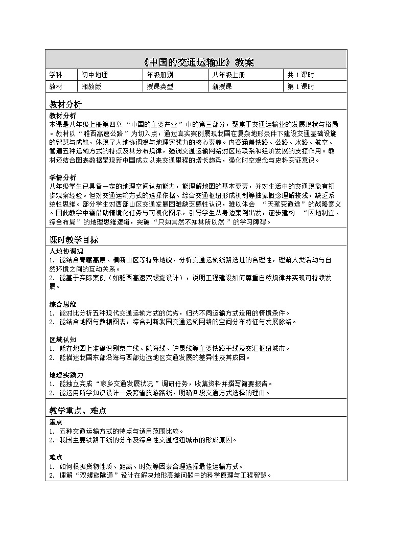 《第四章 中国的主要产业：3 中国的交通运输业》教学设计（表格版）-2025-2026学年湘教版（2024）地理八年级上册第1页
