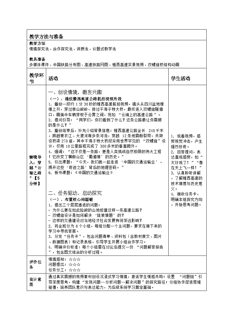 《第四章 中国的主要产业：3 中国的交通运输业》教学设计（表格版）-2025-2026学年湘教版（2024）地理八年级上册第2页