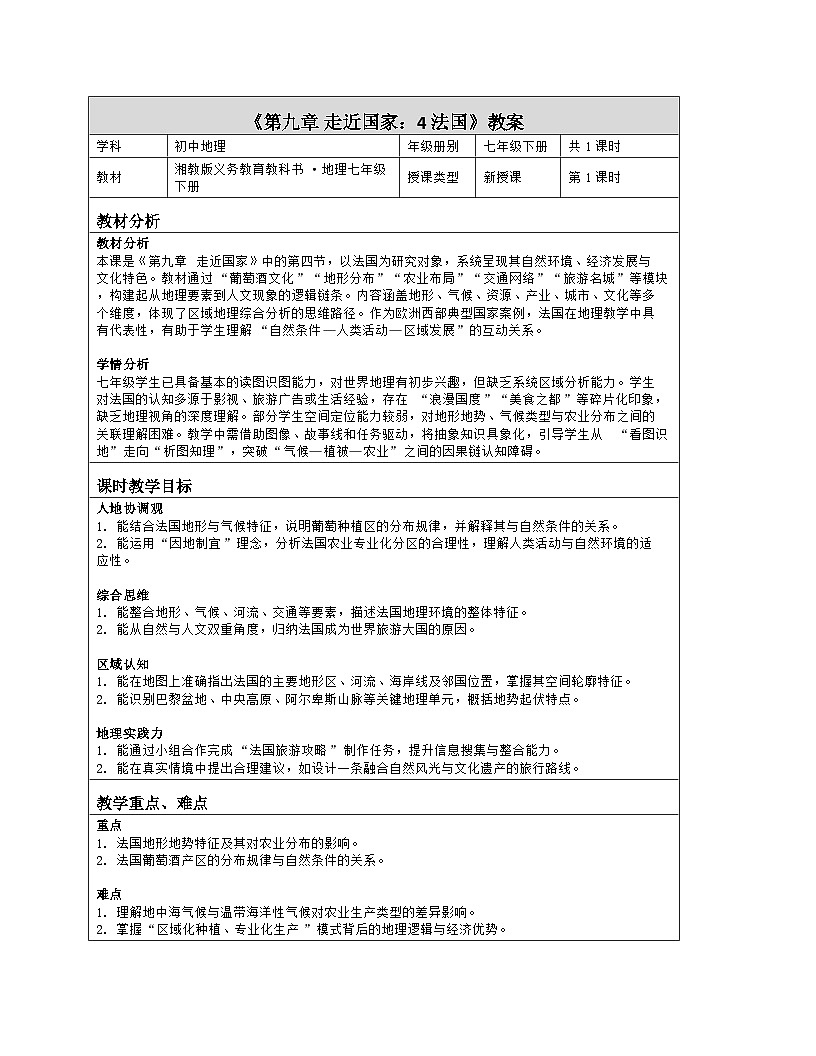 《第九章 走近国家：4 法国》教学设计（表格版）-2025-2026学年湘教版（2024）地理七年级下册第1页