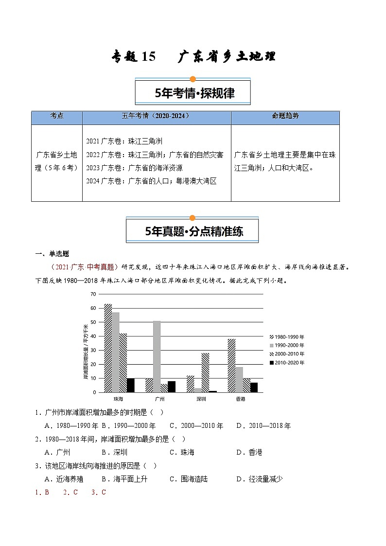 专题15 广东省乡土地理-【好题汇编】5年（2020-2024）中考1年模拟地理真题分类汇编（广东专用）（解析版）第1页