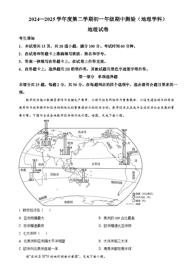 北京市第四中学七年级下学期期中地理试题-A4第1页