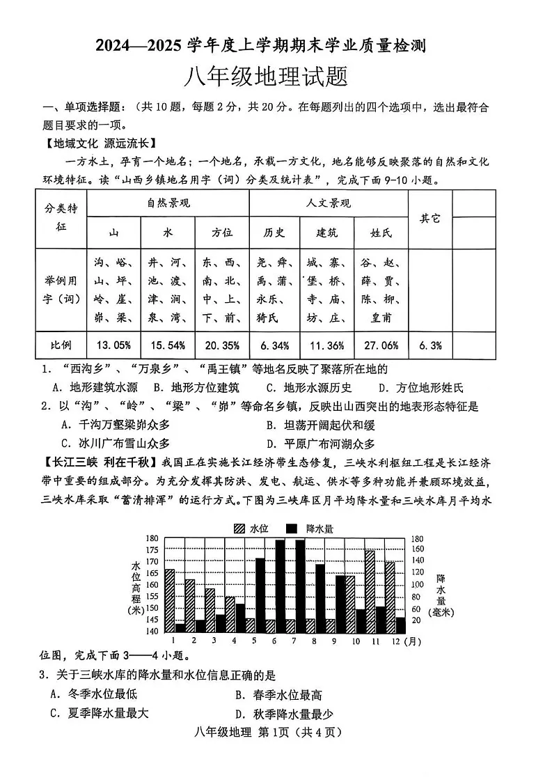 湖北省襄阳市枣阳市2024-2025学年八年级上学期1月期末地理•生物试题第1页