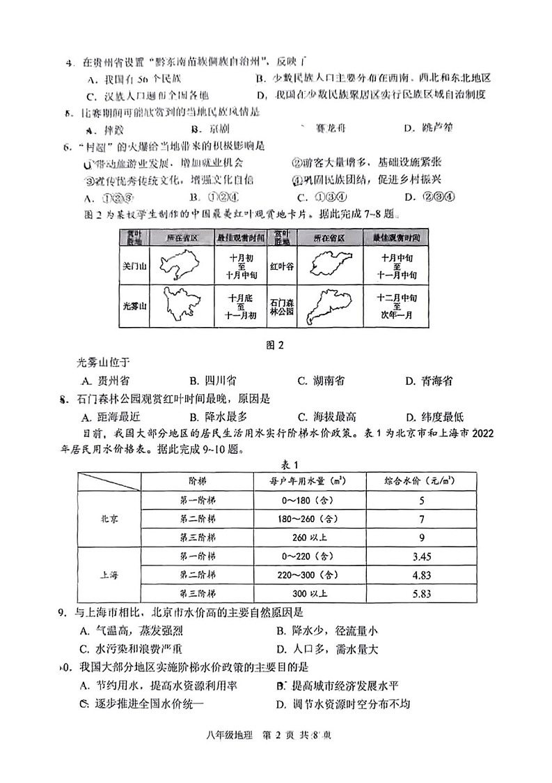 山东省济南市2024--2025学年八年级上学期期末考试地理试题第2页