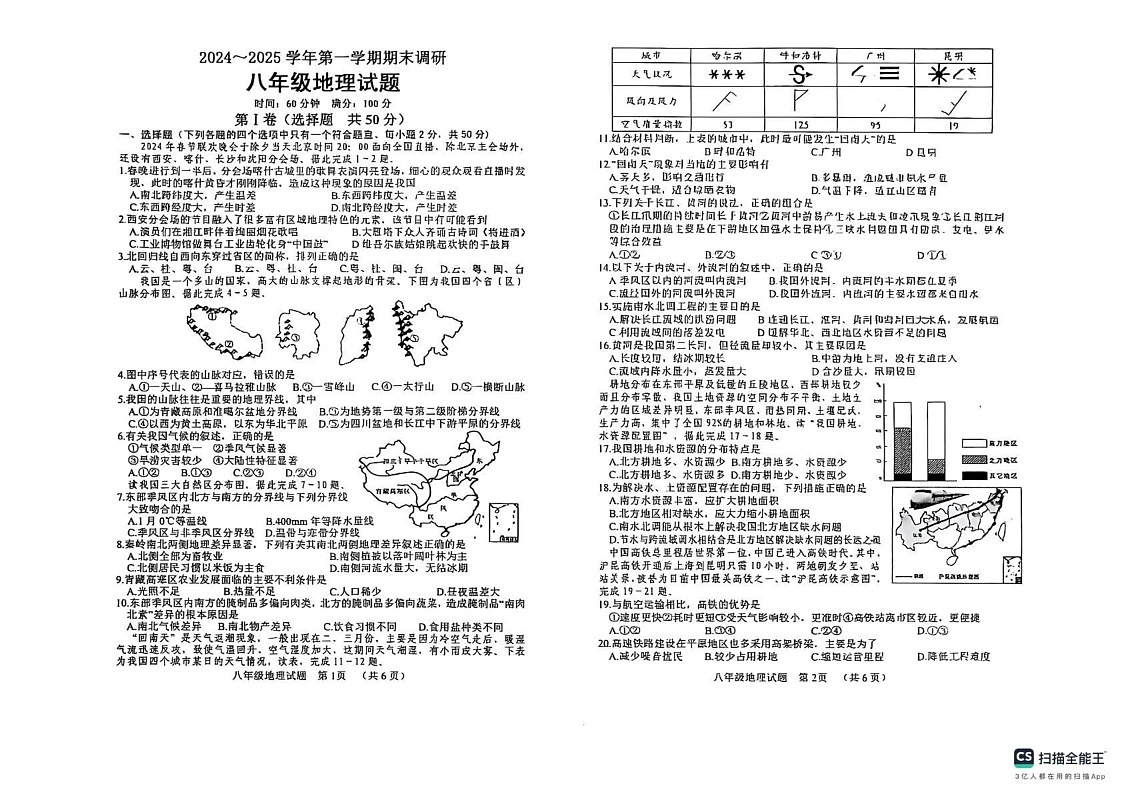 山东省临清市2024-2025学年八年级上学期期末调研地理试题第1页