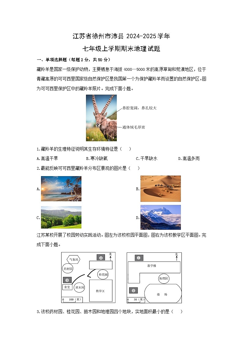 江苏省徐州市沛县2024-2025学年七年级上学期期末地理地理试卷（学生版）第1页