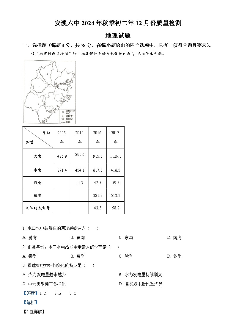 福建省安溪第六中学八年级上学期12月月考地理试卷（解析版）-A4第1页