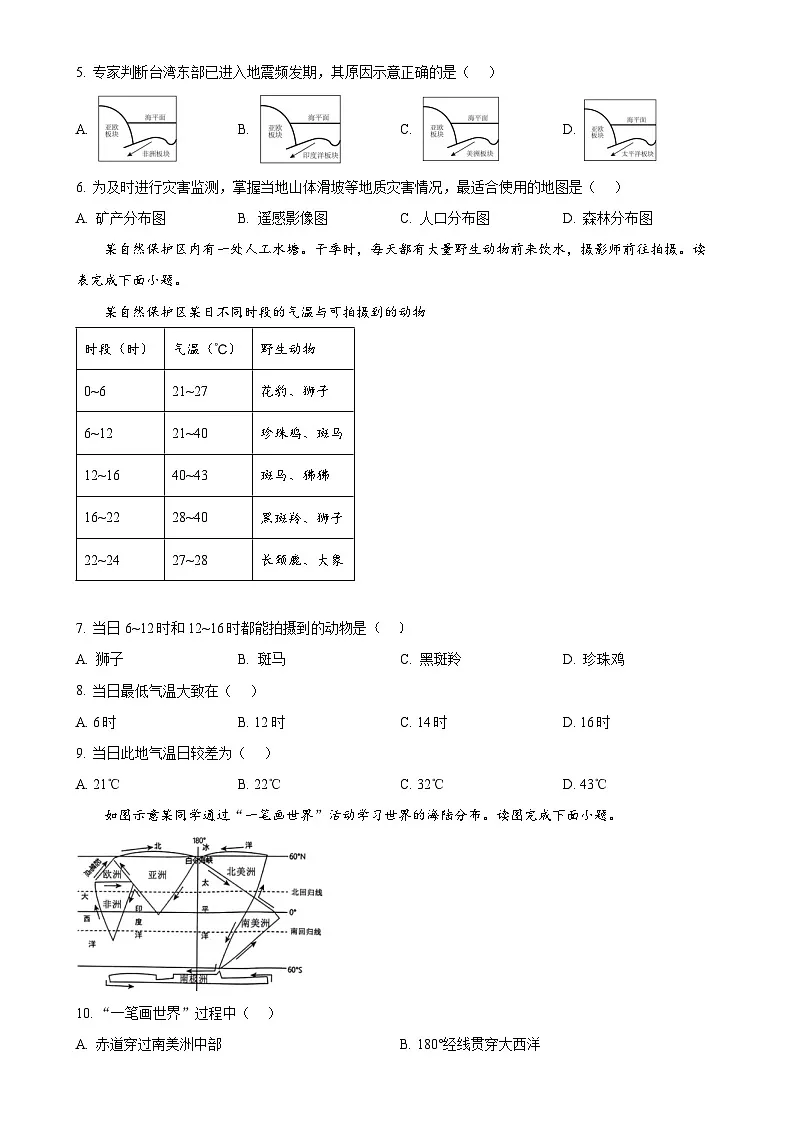 福建省泉州市泉港区七年级上学期期末地理试题（原卷版）-A4第2页