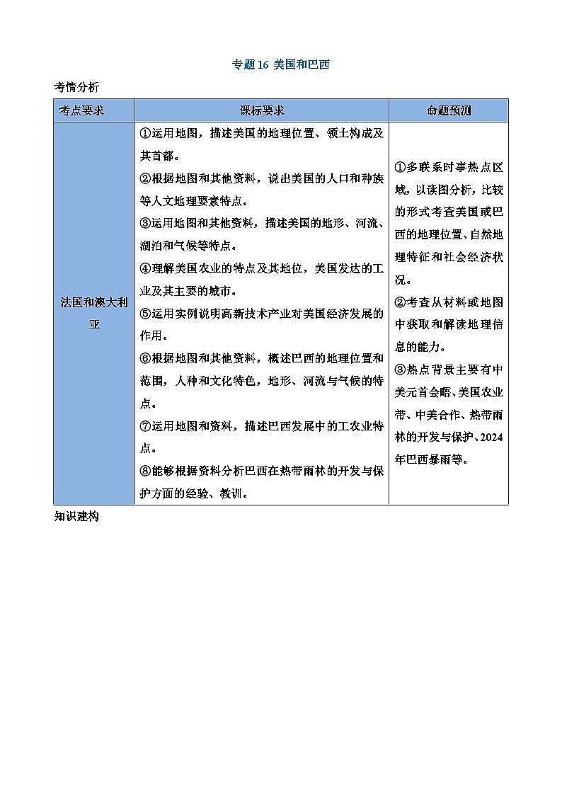 中考地理一轮复习16 美国和巴西（讲义）第1页