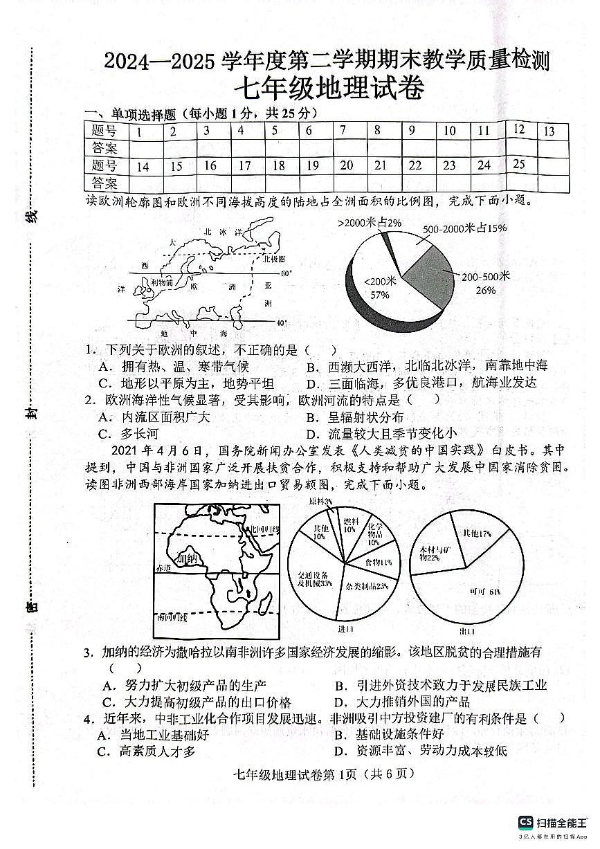 河北省邯郸市肥乡区实验中学、崔庄中学2024-2025学年七年级下学期期末联考地理试题第1页