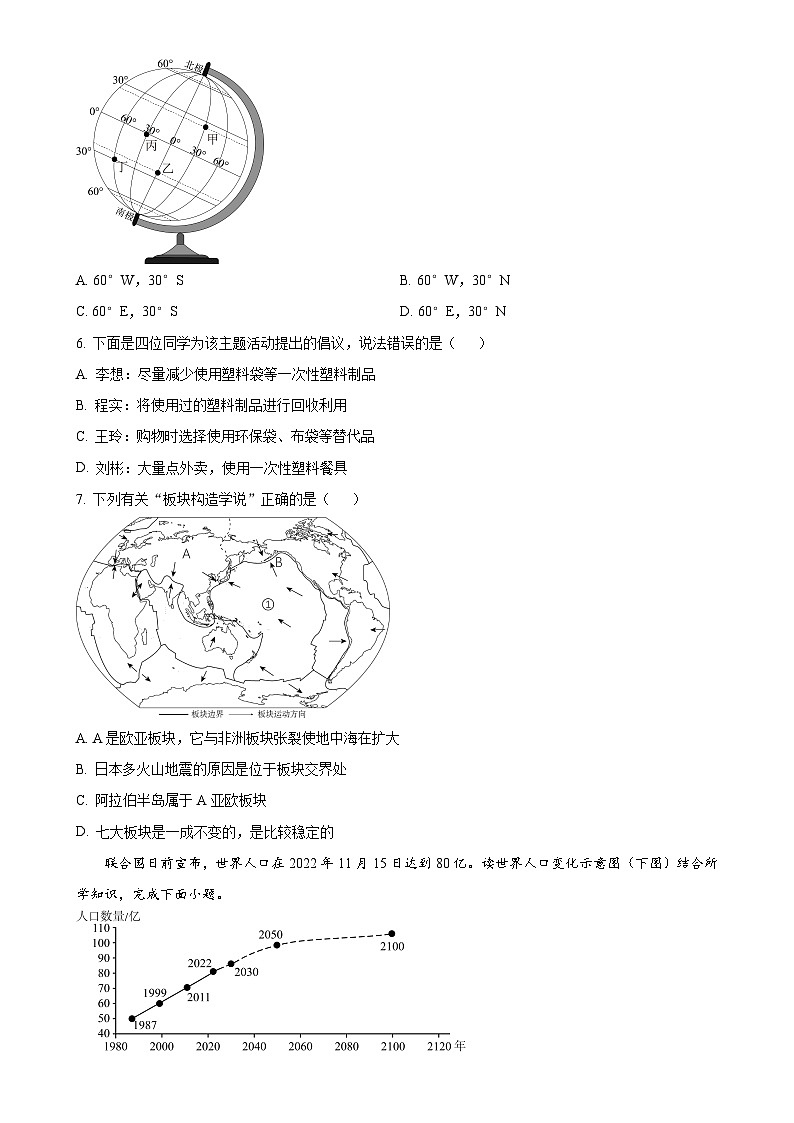 甘肃省酒泉第七中学七年级上学期期末地理试卷（原卷版）-A4第2页