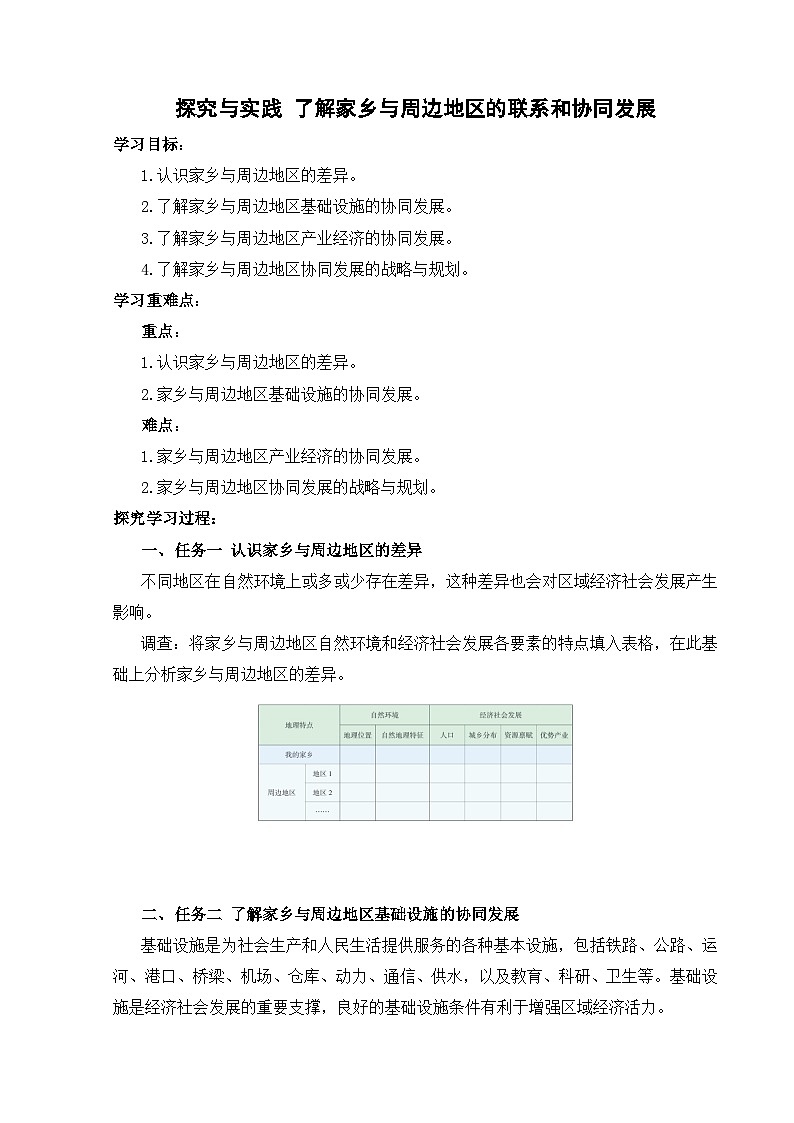 【湘教新版-地理】八年级下册 第七章 《探究与实践 了解家乡与周边地区的联系和协同发展》学习任务单第1页