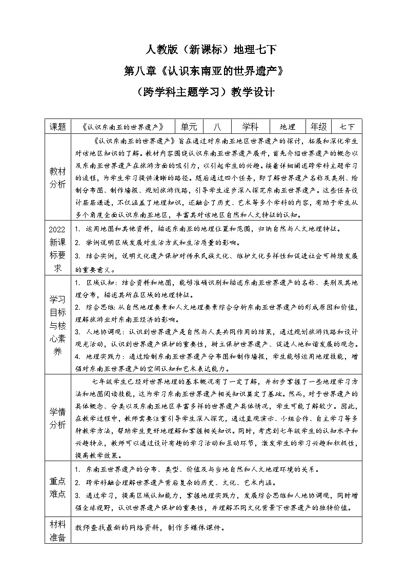 人教版（新课标）地理七下第八章《认识东南亚的世界遗产》（跨学科主题学习）教案第1页