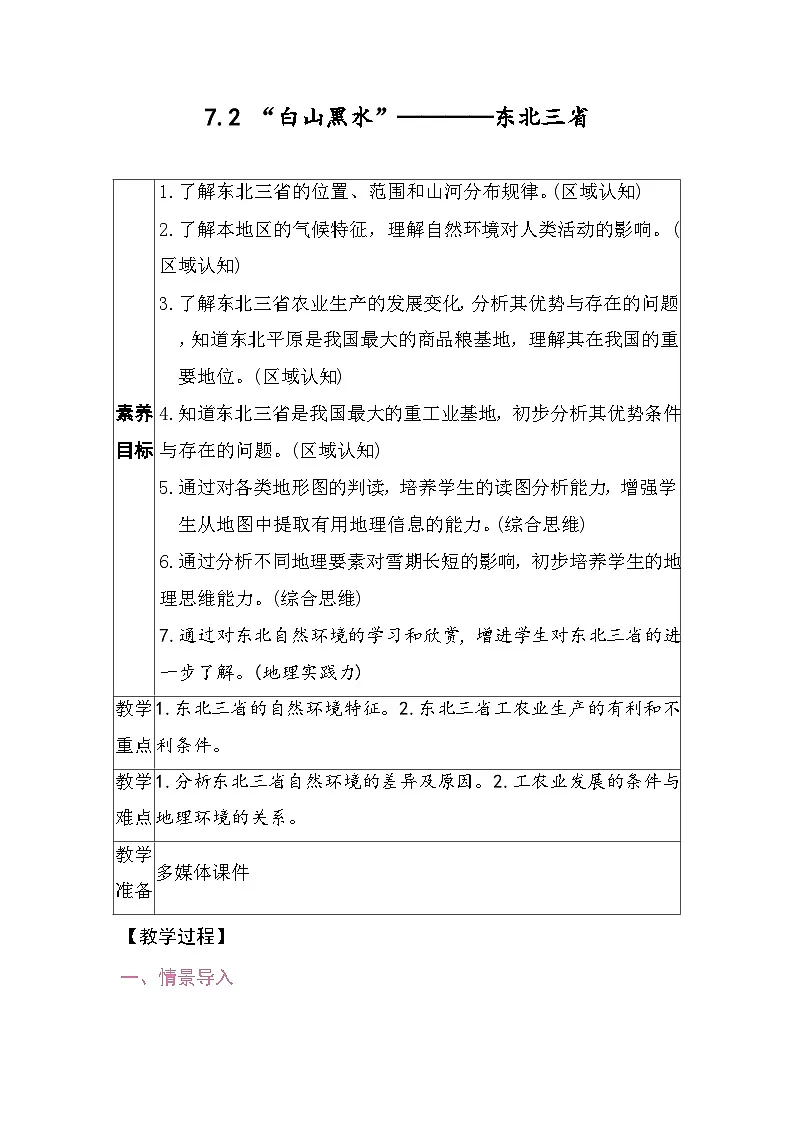 7.2 “白山黑水”————东北三省 教案2025-2026学年度人教版地理八年级下册第1页