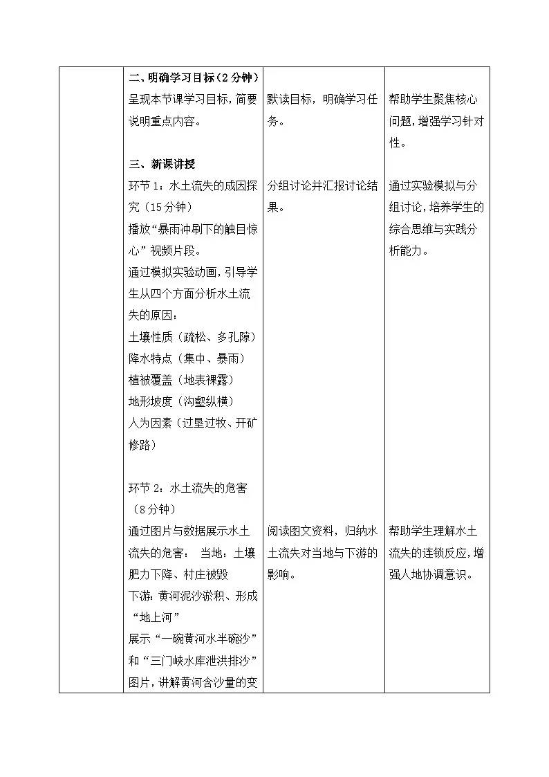 7.3.2世界上最大的黄土堆积区——黄土高原 表格式教案 2025-2026学年人教版地理八年级下册第2页