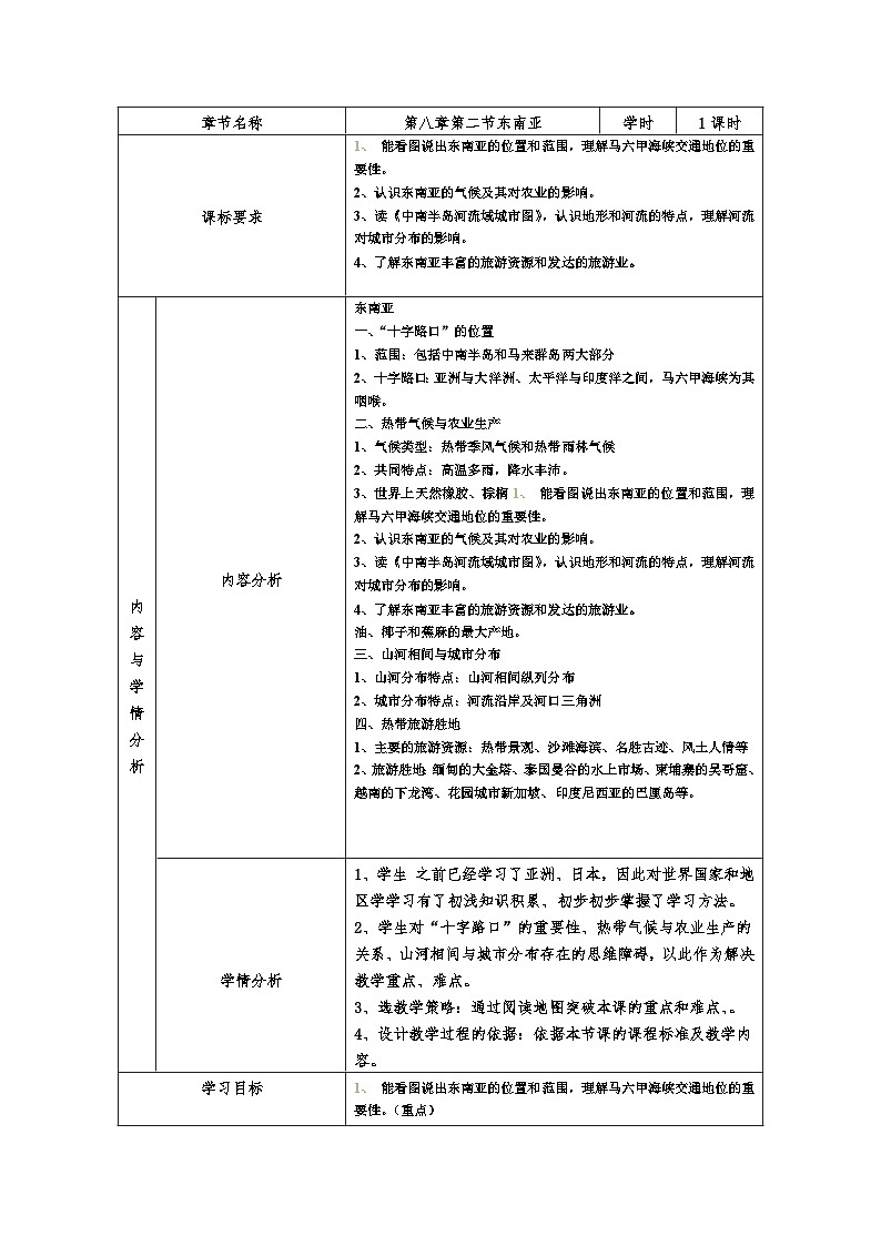人教版初中地理七年级下册（2024）8.2 东南亚 教学设计第1页