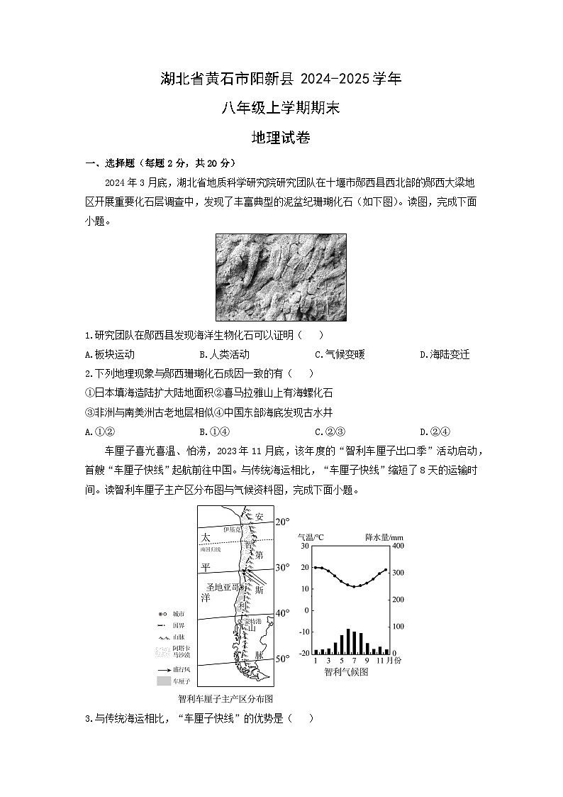 2024-2025学年湖北省黄石市阳新县八年级上学期期末地理试卷（学生版）第1页
