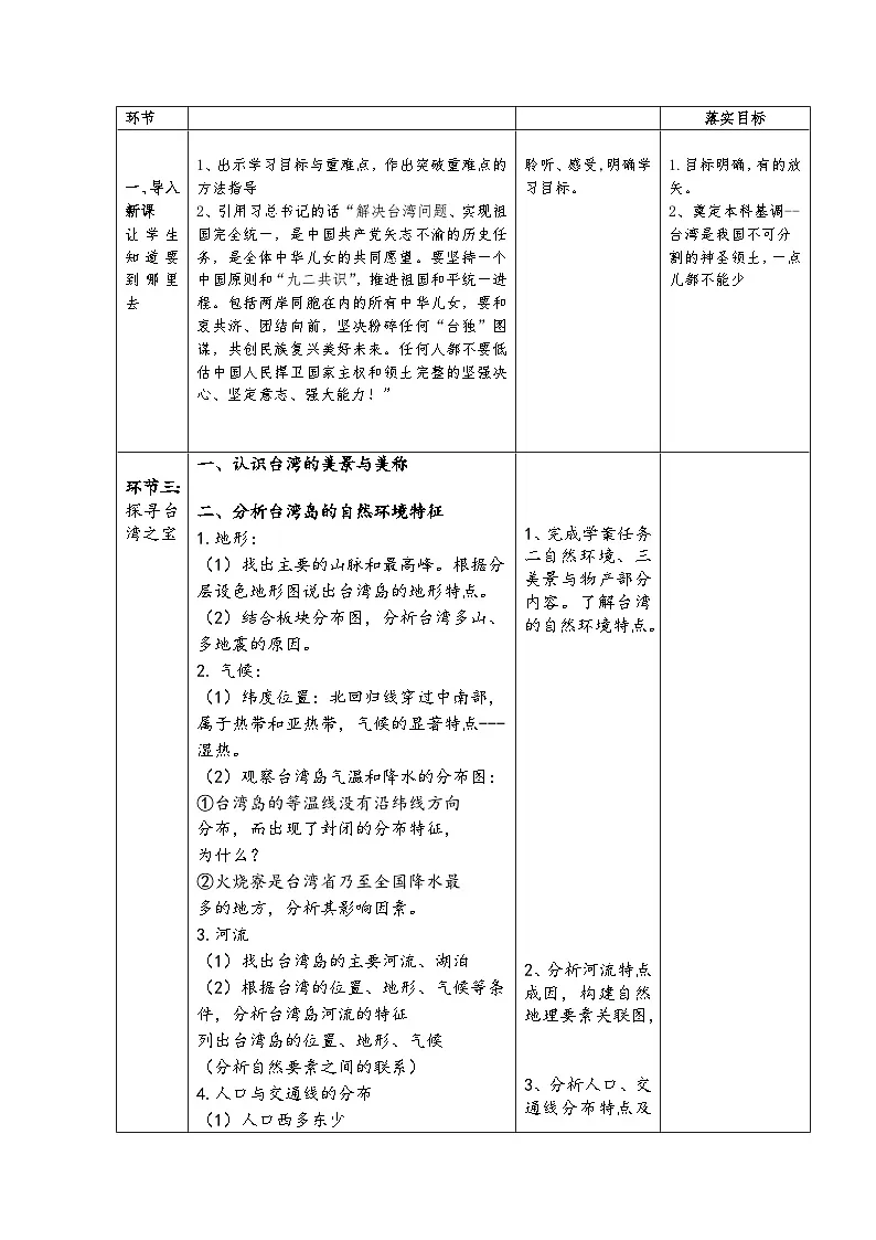 人教版初中地理八年级下册（2024）8.4 祖国的神圣领土--台湾省 教学设计（表格式）第2页