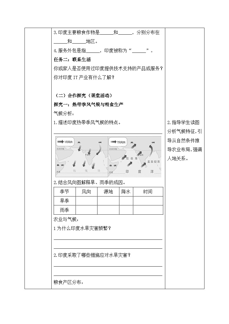 8.3.2印度【导学案】（第2课时——热带季风气候与农业生产、发展迅速的服务外包产业）学生版——新教材人教版初一地理下册第2页