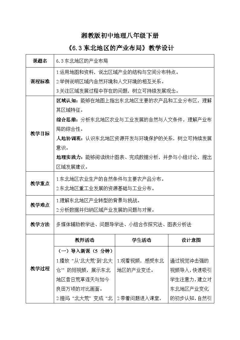 6.3【教学设计】东北地区的产业布局—— 2026年新教材湘教版初二地理下册第1页