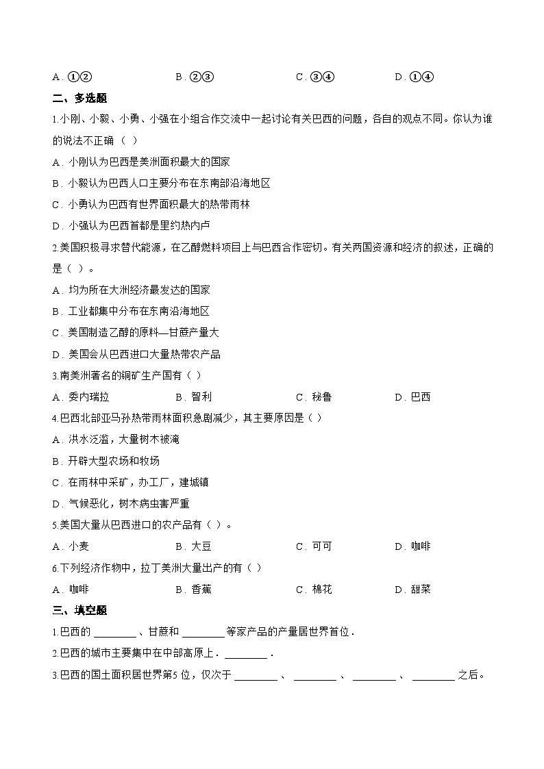 第二节 巴西一课一练地理人教版(2024)初中七年级下册(无答案)第2页