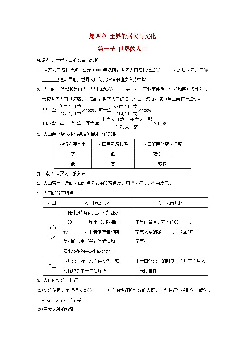 2025七年级地理上册第四章世界的居民与文化第一节世界的人口重难点训练题（含答案）新版湘教版第1页