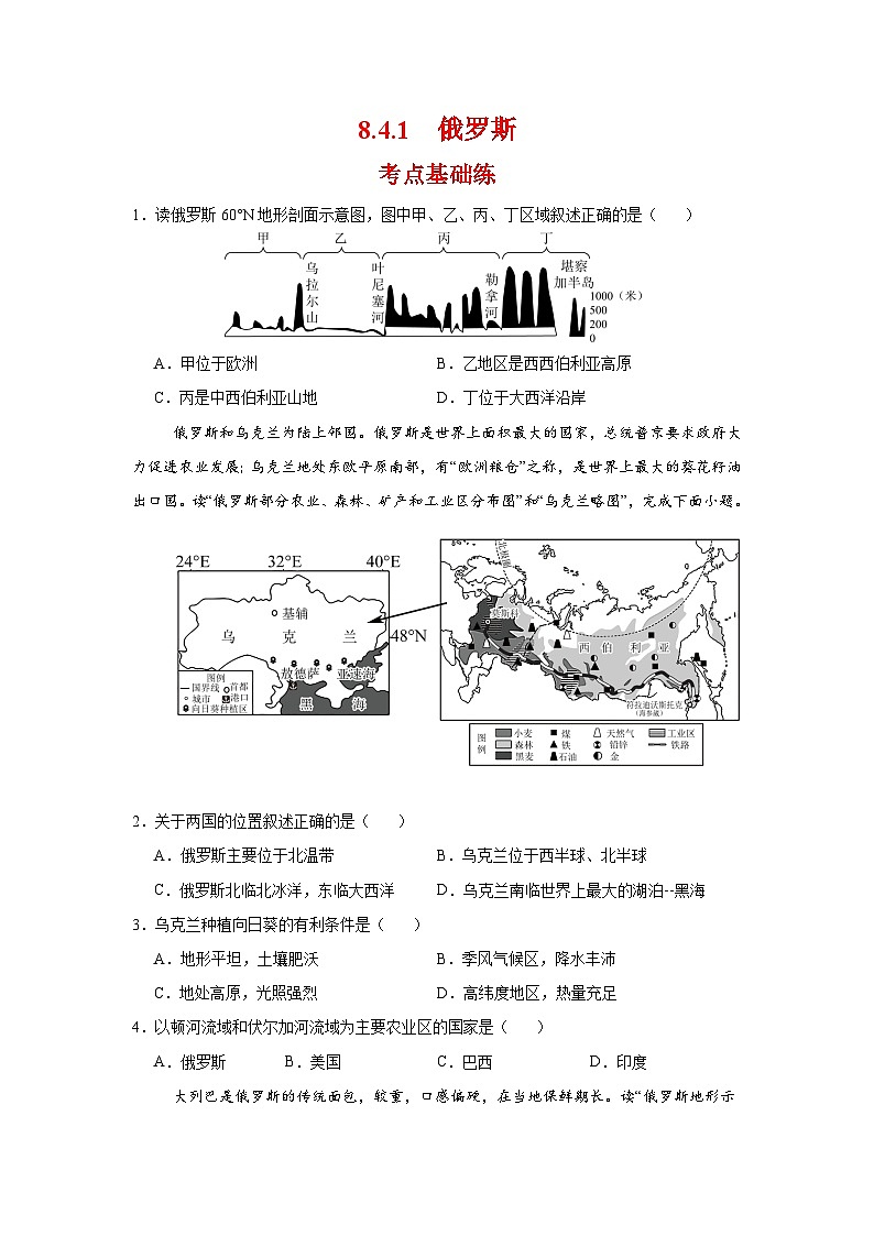 8.4.1 俄罗斯第一课时（分层作业）（原卷版）初中地理人教版（2024）七年级下册第1页