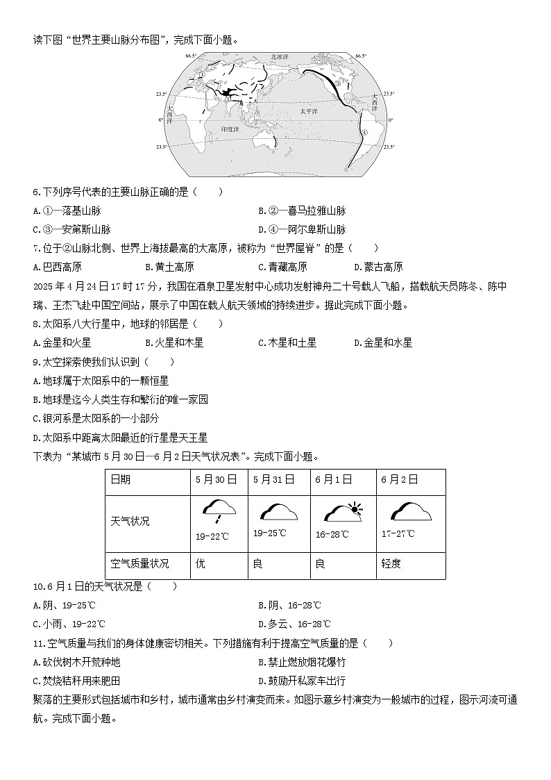 2025-2026学年山西省运城市稷山县七年级上学期期末地理试卷（学生版）第2页