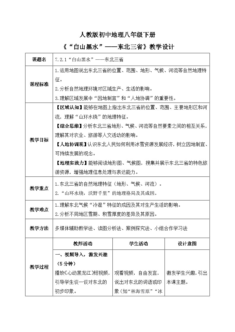 7.2.1【教学设计】“白山黑水”——东北三省 2026年新教材人教版初二地理下册第1页