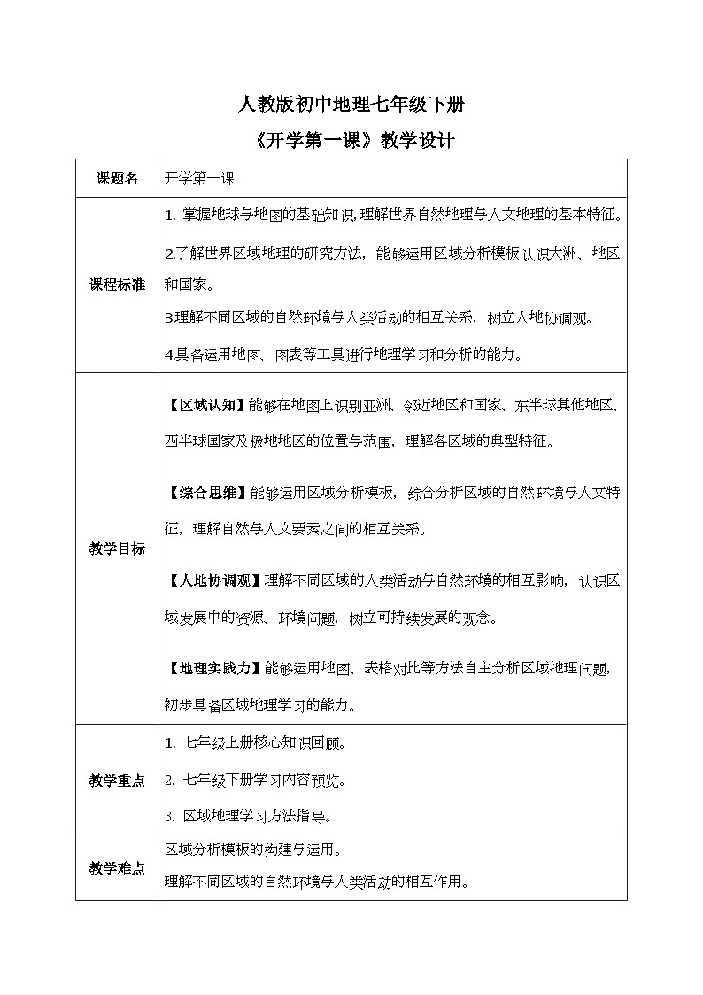 2026人教版八七年级下册地理开学第一课【教学设计】第1页