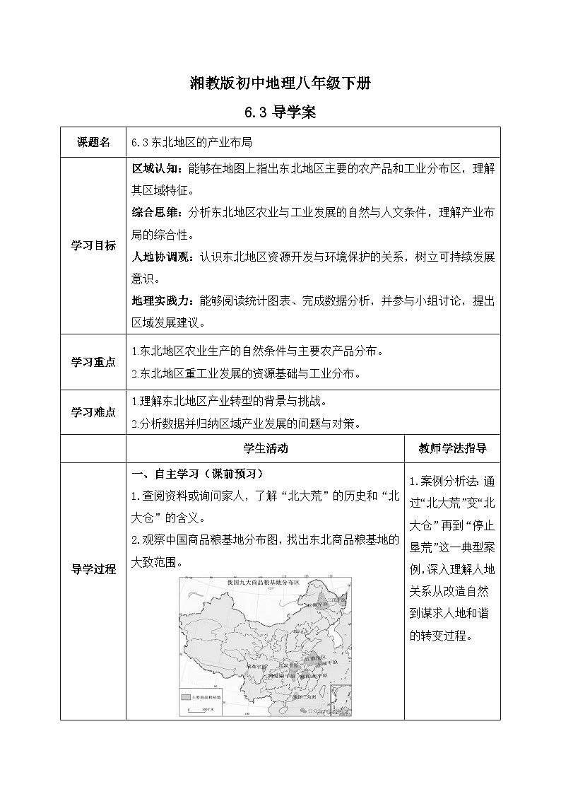 6.3【导学案】东北地区的产业布局（学生版）—— 2026年新教材湘教版初二地理下册第1页