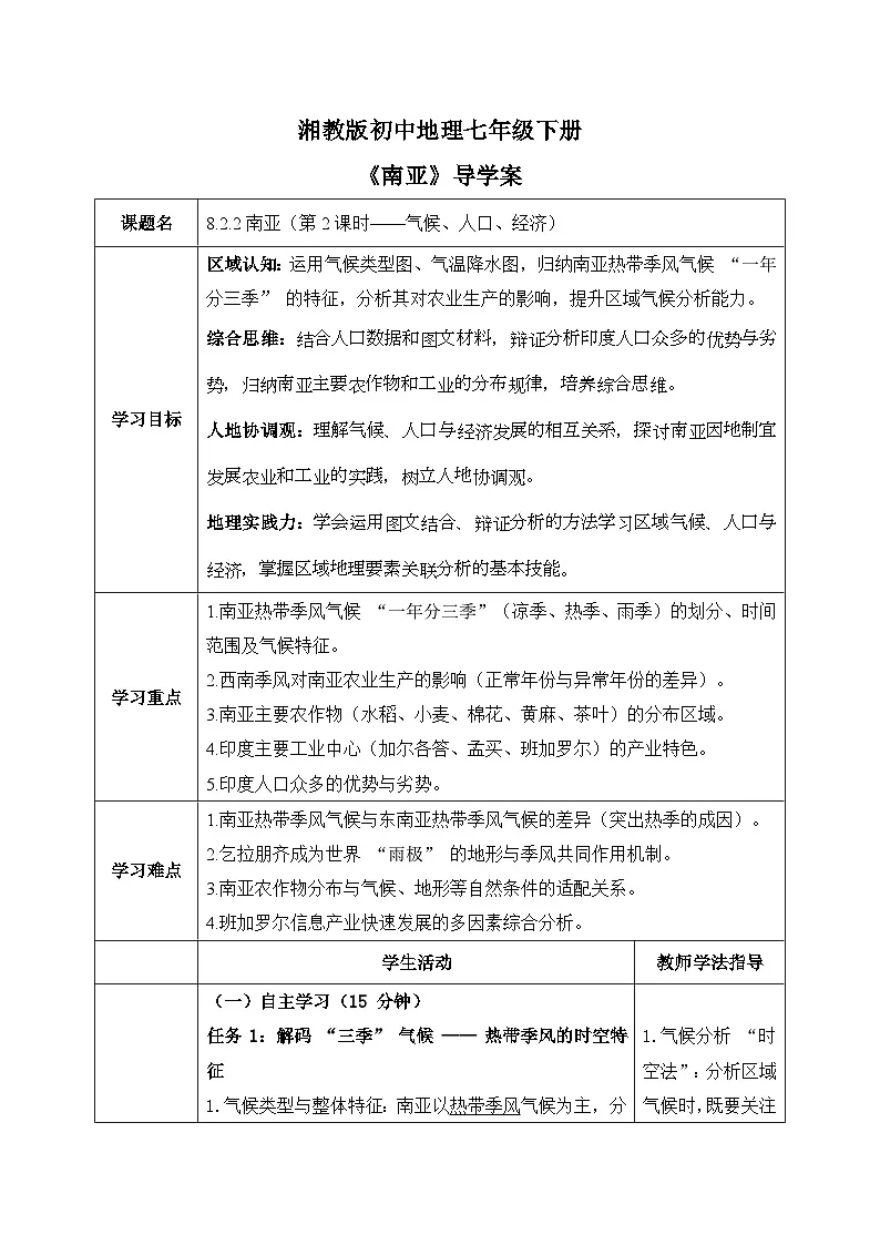 8.2.2南亚【导学案】（第2课时——气候、人口、经济）教师版——2025新教材湘教版初一地理下册pptx第1页