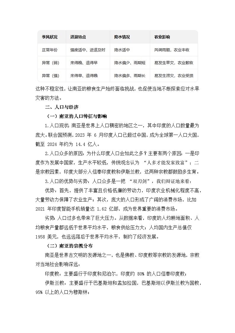 8.2.2南亚【逐字稿】（第2课时——气候、人口、经济）——2025新教材湘教版初一地理下册学案第3页