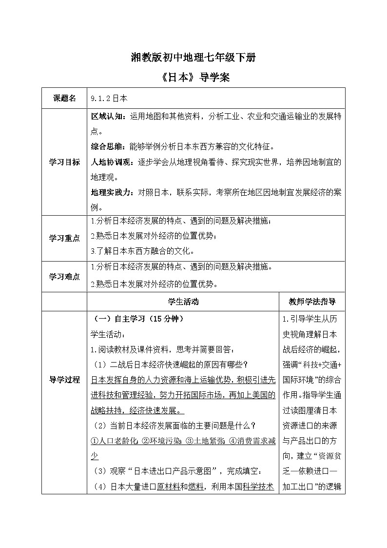 9.1.2日本【导学案】（第二课时——人文地理部分）教师版——2025新教材湘教版初一地理下册pptx第1页