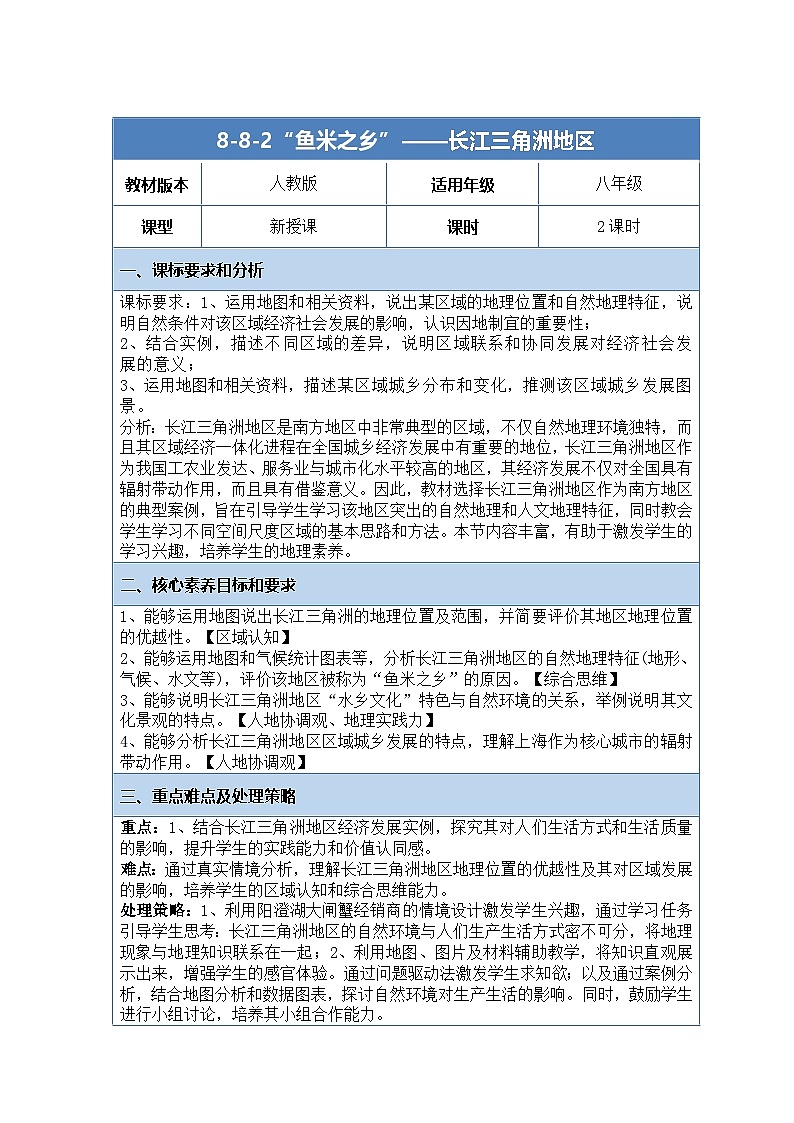 8.2《“鱼米之乡”——长江三角洲地区》教案_人教版地理八年级下册第1页