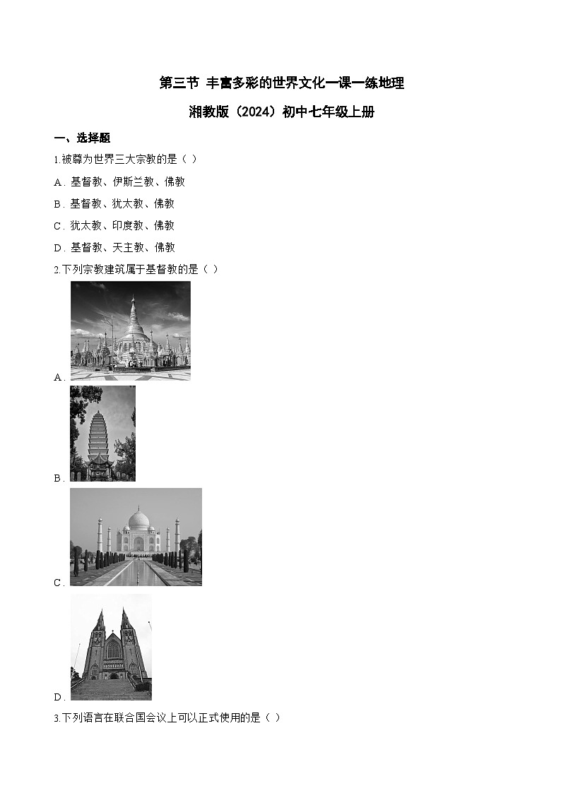 第三节 丰富多彩的世界文化一课一练地理湘教版（2024）初中七年级上册(无答案)第1页