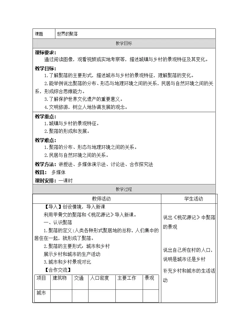 湘教版初中地理七年级上册（2024）4.2 世界的聚落 教学设计第1页