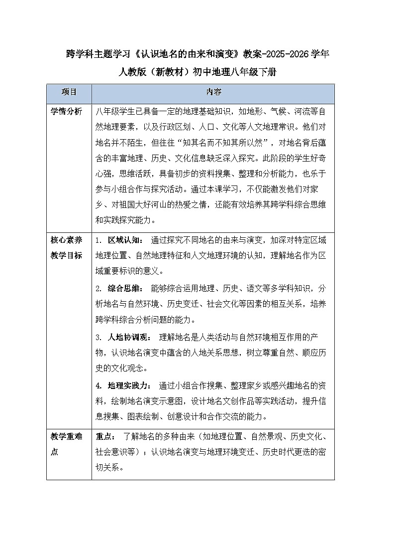 第八章跨学科主题学习《认识地名的由来和演变》教案-2025-2026学年人教版（新教材）初中地理八年级下册第1页