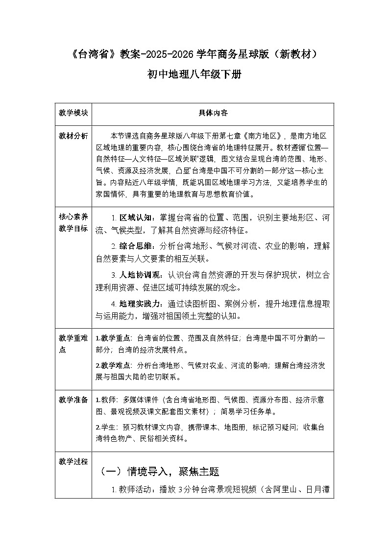 第七章第四节《台湾省》教案-2025-2026学年商务星球版（新教材）初中地理八年级下册第1页