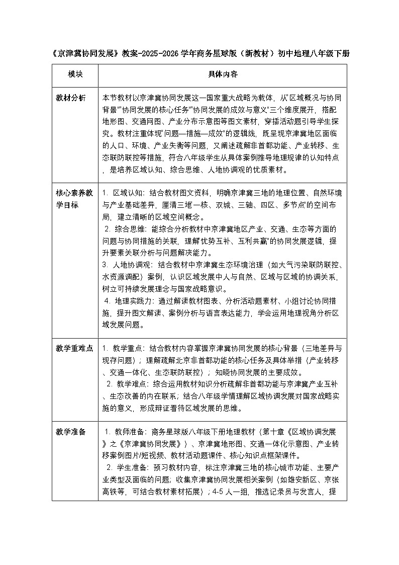 第十章第二节《京津冀协同发展》教案-2025-2026学年商务星球版（新教材）初中地理八年级下册第1页